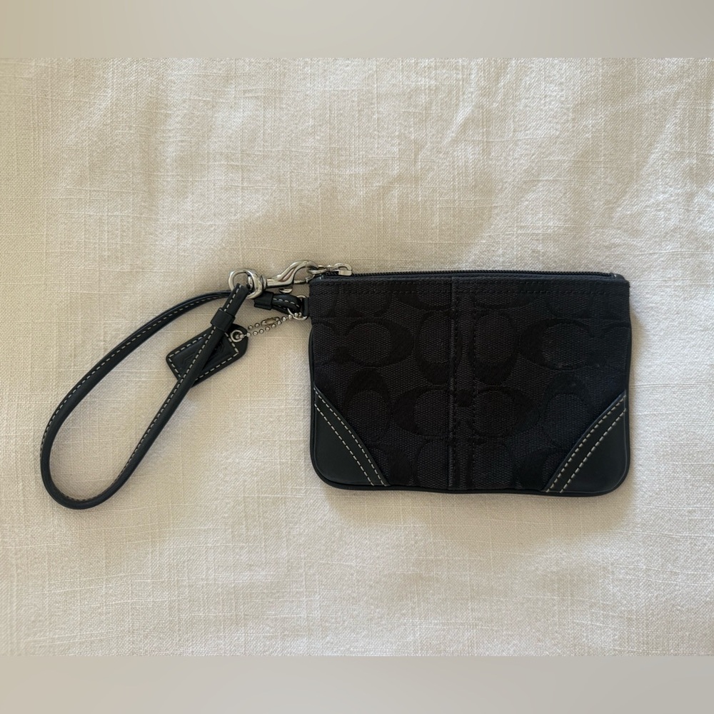 Coach Black Signature Jacquard Wristlet with Leather Strap